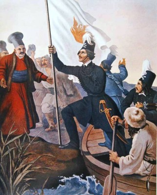 22 Φεβρουαρίου 1821. Ο Αλέξανδρος Υψηλάντης, επικεφαλής Επαναστατικού Σώματος, διαβαίνει τον Προύθο ποταμό και κηρύσσει την Επανάσταση, ξεκινώντας από τη Μολδοβλαχία, στις Παραδουνάβιες Ηγεμονίες. Ανεξάρτητα από την εξέλιξη του εγχειρήματος, η είδησή του ενίσχυσε την απόφαση για κήρυξη της Επανάστασης στην Ελλάδα, το Μάρτιο του 1821. Χαρακτικό από έργο του γερμανού ζωγράφου Peter von Hess.