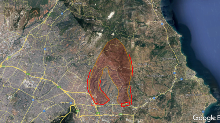 Χάρτης με τα ενεργά μέτωπα σε Γέρακα, Παλλήνη, Ανθούσα και Διώνη. Η ενημέρωση του εκπροσώπου τύπου της πυροσβεστικής