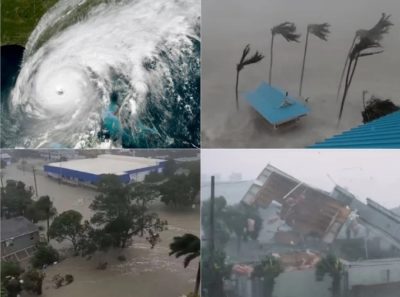 Χαλασμός στη Φλόριντα από τον τυφώνα Ίαν. Μετεωρολόγος γραπώνεται σε πινακίδα. Βάρκες επιπλέουν στους δρόμους
