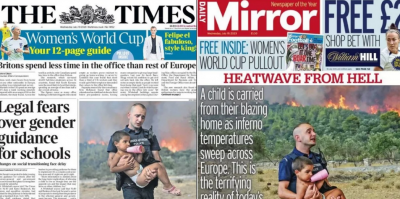 Στα πρωτοσέλιδα βρετανικών εφημερίδων ο αστυνομικός που κουβαλάει παιδί στα χέρια στις πυρκαγιές της Αττικής