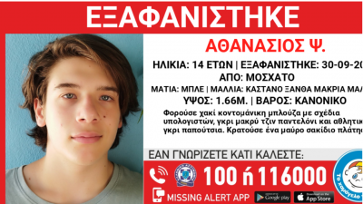 Missing Alert για εξαφάνιση 14χρονου από το Μοσχάτο. Αγνοείται από την Δευτέρα