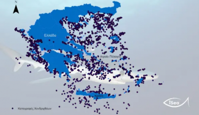 Χάρτης με τα σημεία που εντοπίζονται καρχαρίες και σαλάχια στις ελληνικές θάλασσες